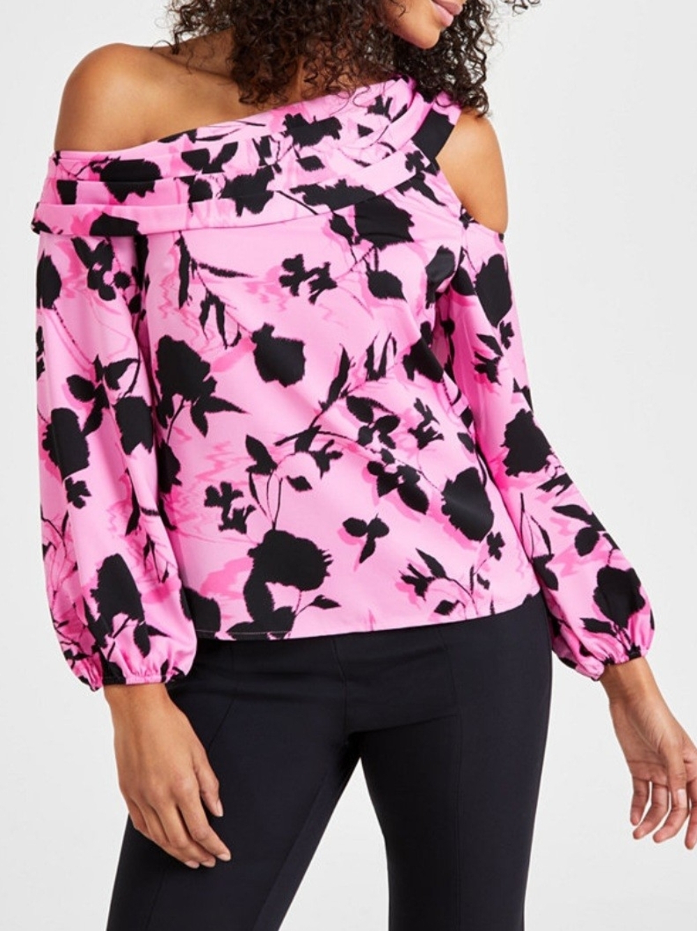 INC International Concepts Pink and Black Floral Cold-Shoulder Blouse